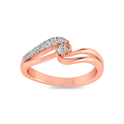 Kirtilals Rose Gold Ring Displaying A Solitaire and Embedded Diamonds in A Wavy Pattern.